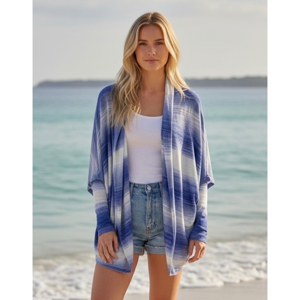 Striped Kimono Cardigan Sweater Blue White Draped‎ Medium Boho Coastal Resort
